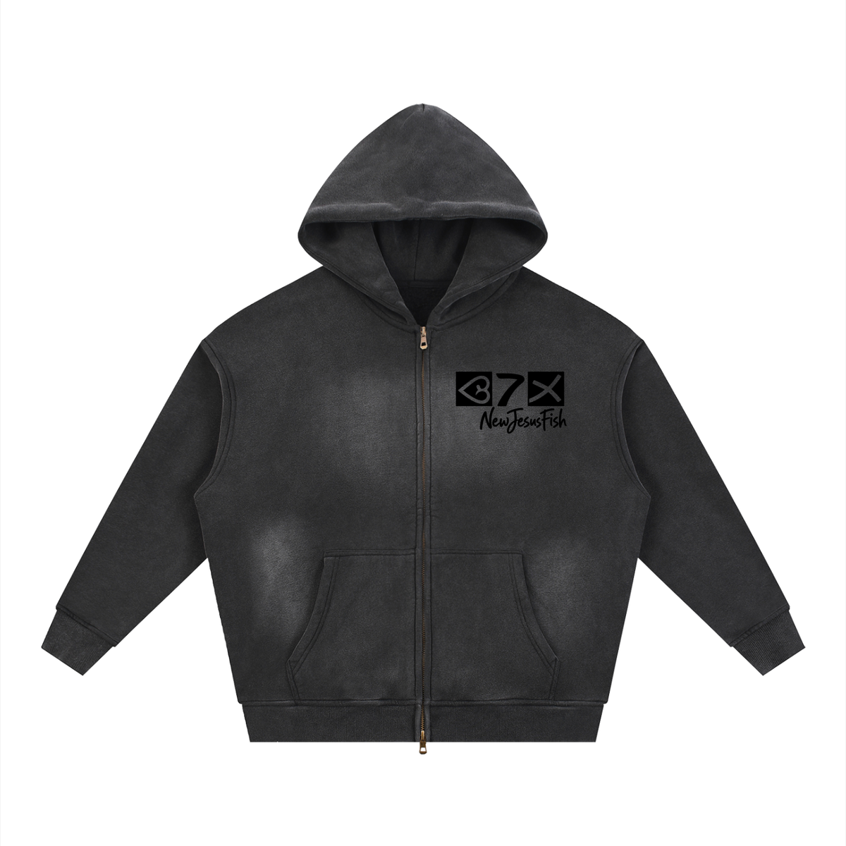 NewJesusFish Acid Wash Two-way Zipper BLK Hoodie