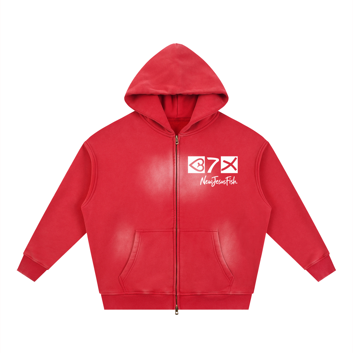 NewJesusFish Acid Wash Two-way Zipper Red Hoodie
